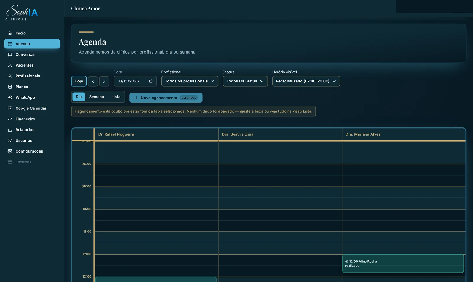 Tela real de Agendamento automático no CRM da SophIA