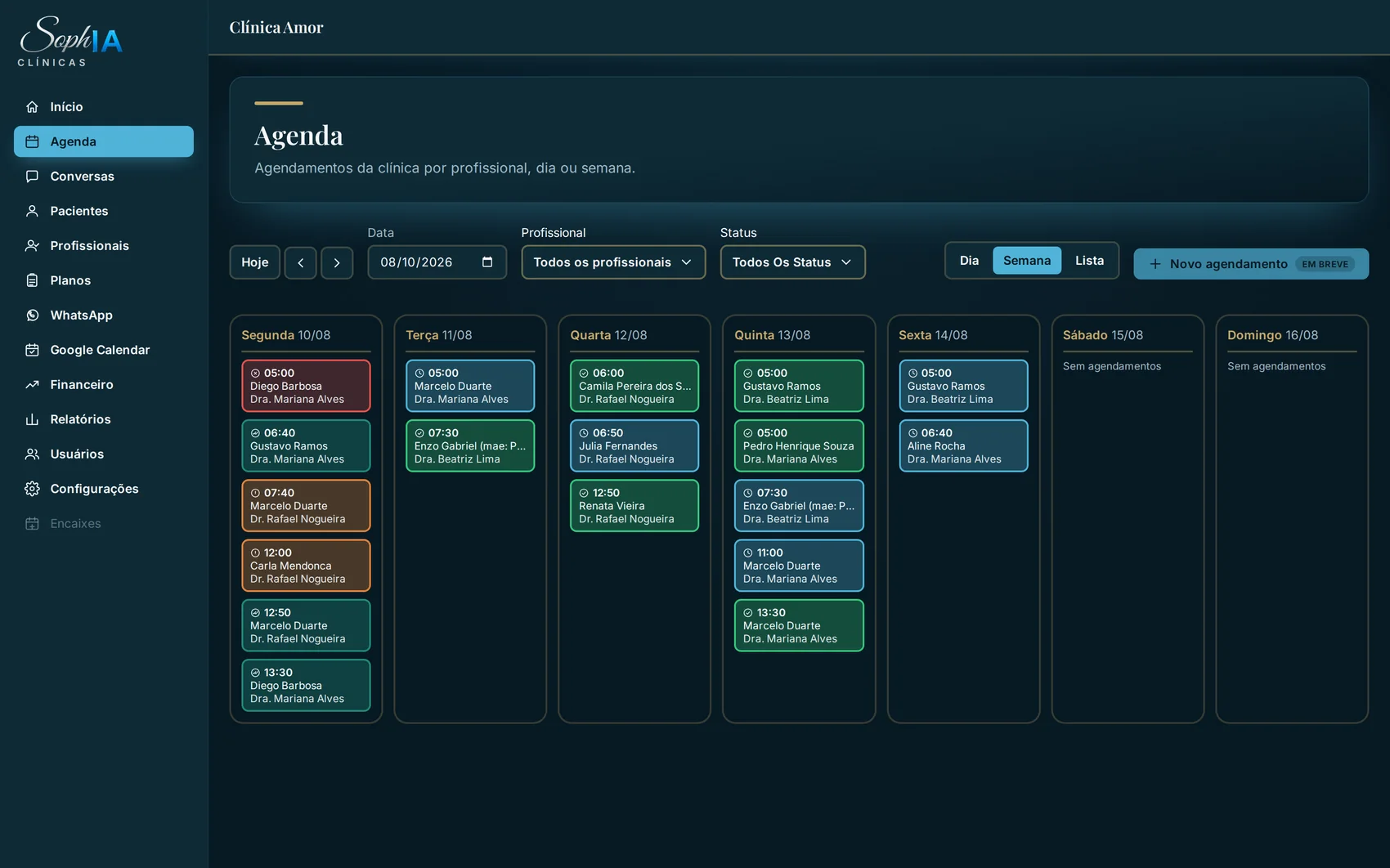 Agenda real da SophIA numa semana cheia, com vários profissionais e status diferentes