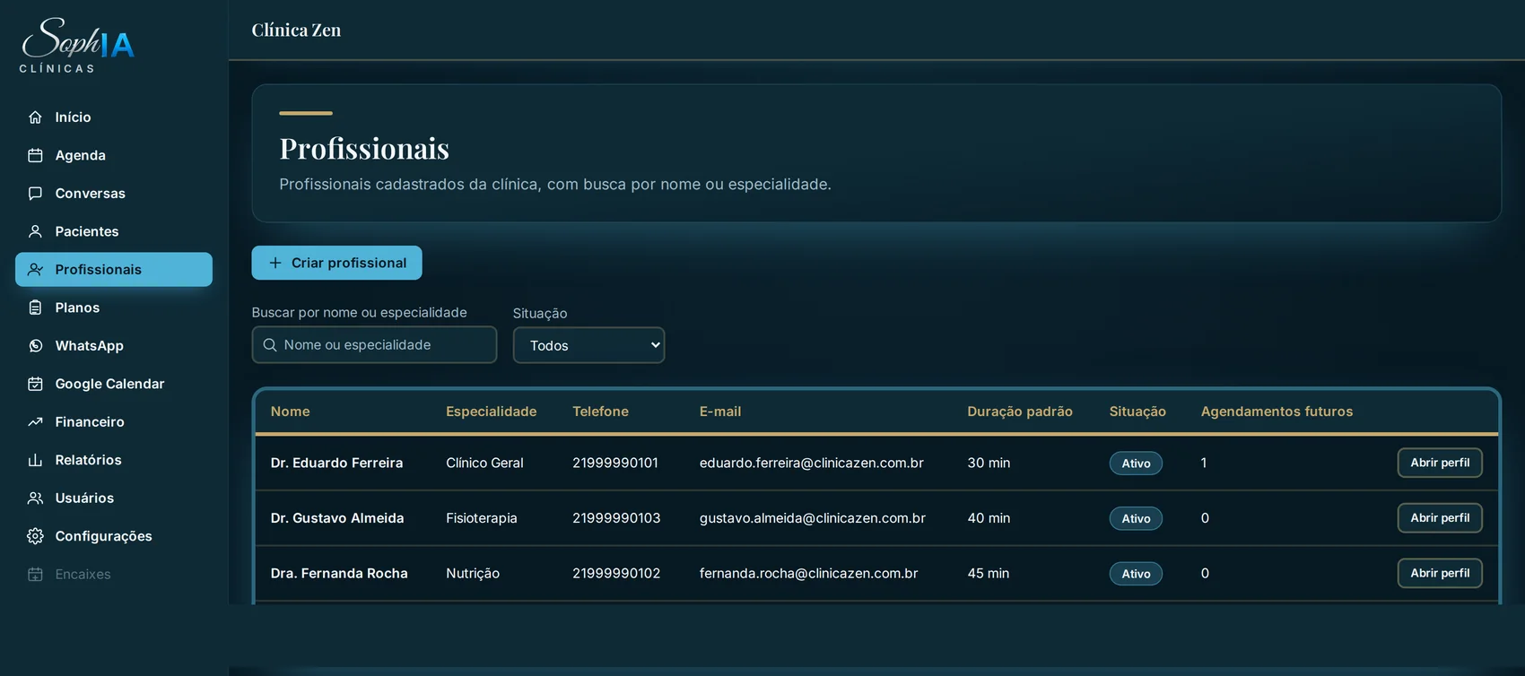 Tela real de Profissionais do CRM da SophIA